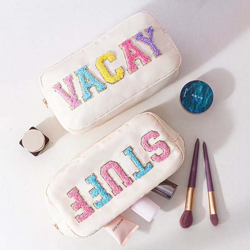 Customize DIY Letters Patch Heart Pearl Rhinestone Nylon Durable Waterproof Pouch Makeup Case Nylon Travel Cosmetic Bag