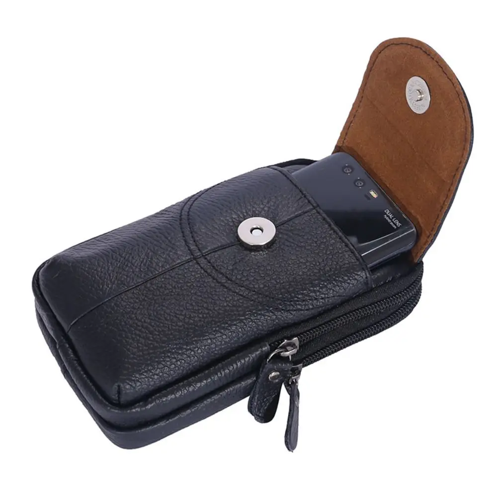 

Cowhide Leather Outdoor Sports Waist Bag Vertical Cards Holder Mobile Phone Pouch Large Capacity Multi-layer