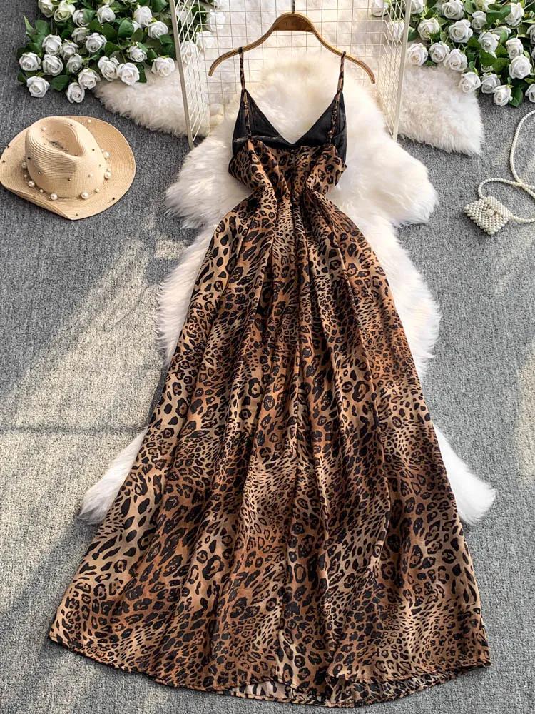 Szykowna moda Leopard Print Suspender Dress Women Slim Long Dress Boho Beach Party 2025 Summer