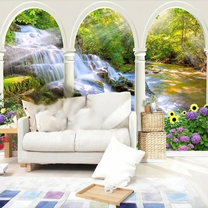 Custom Landscape Wallpaper Mural - Mountain Forest Waterfall Scenery Photo Wallpaper for Living Room Bedroom Decoration