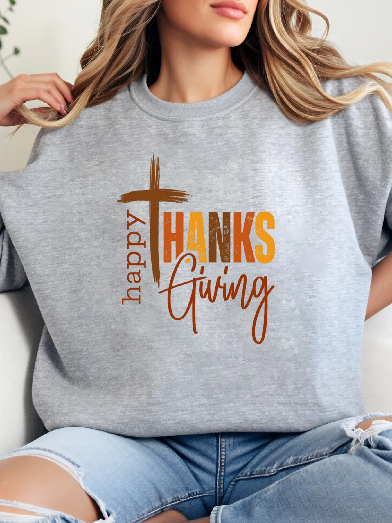 

Толстовка с круглым вырезом и крестообразным принтом «С Днем Благодарения», женская повседневная осенняя праздничная одежда, серая, больших размеров