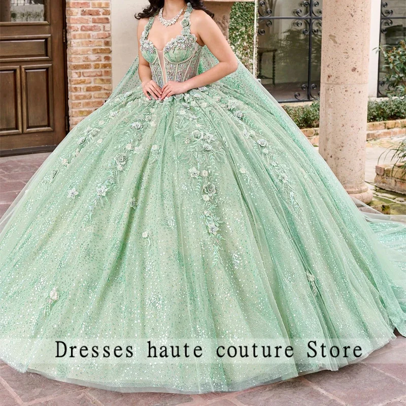 

Мятно-зеленые блестящие платья Quinceanera, бальное платье с кружевной аппликацией и бисером, многоуровневое с накидкой-корсетом, милое платье 16, Vestido De 15 Anos
