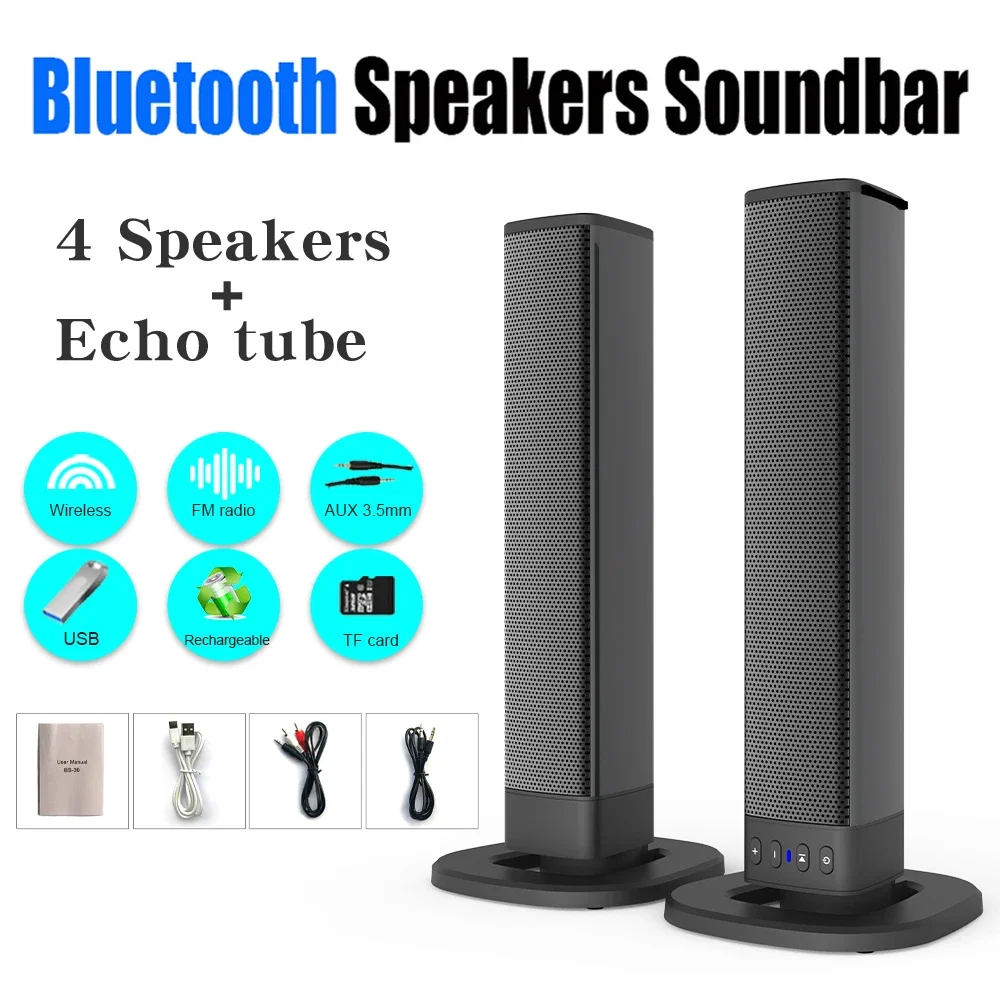 Wireless Bluetooth TV Sound Bar 2 Speaker System Home Theater Subwoofer Soundbar Portable Loud Rechargeable 2 IN1 Speaker