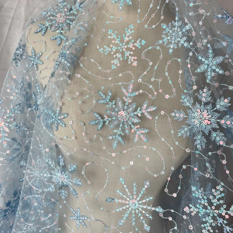 

Blue mesh embroidery snowflake sequin clothing fabric sewing children's dresses evening dresses doll clothes mesh fabric