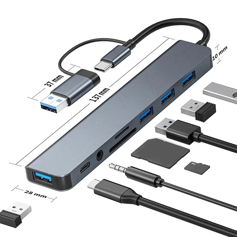 USB C Hub USB Splitter 8 In 1 USB Extender With 4 USB Port 1 USBC Port TF/SD Card Reader Audio Output Compatible For MacBook