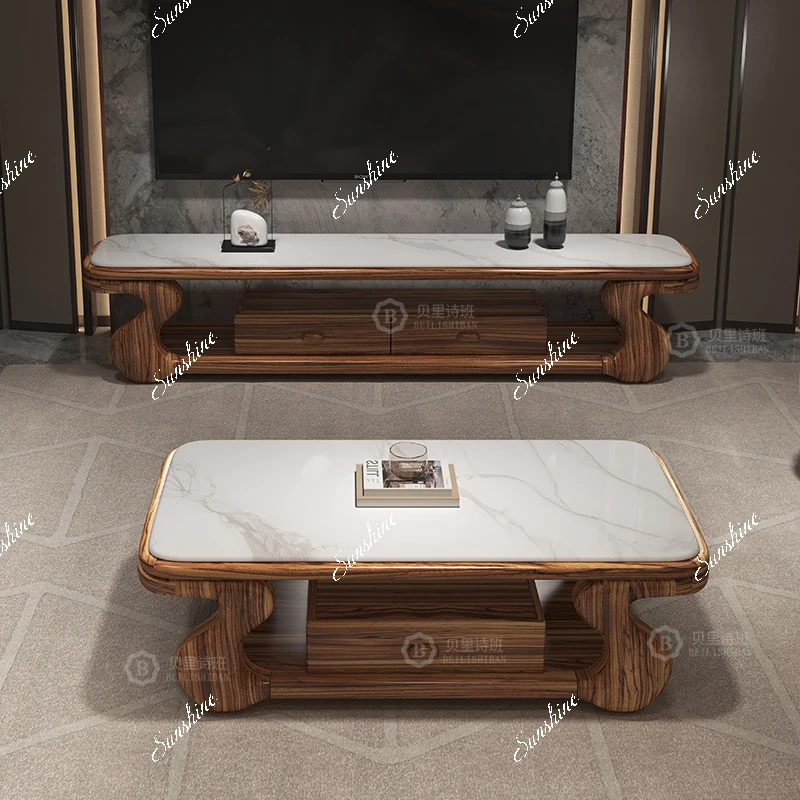 

New Chinese style, marble coffee table TV cabinet living room combination solid wood square table