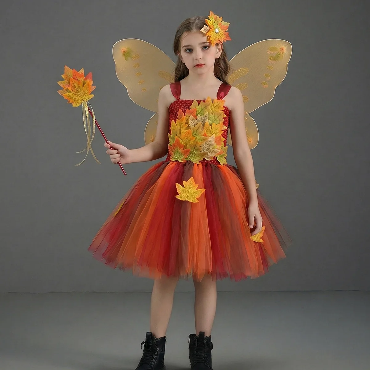 New Simulation Maple Leaf Girl Dress Thanksgiving Halloween Forest Elf Fairy Mesh Tutu Dresses Children Party Dress Up Costumes