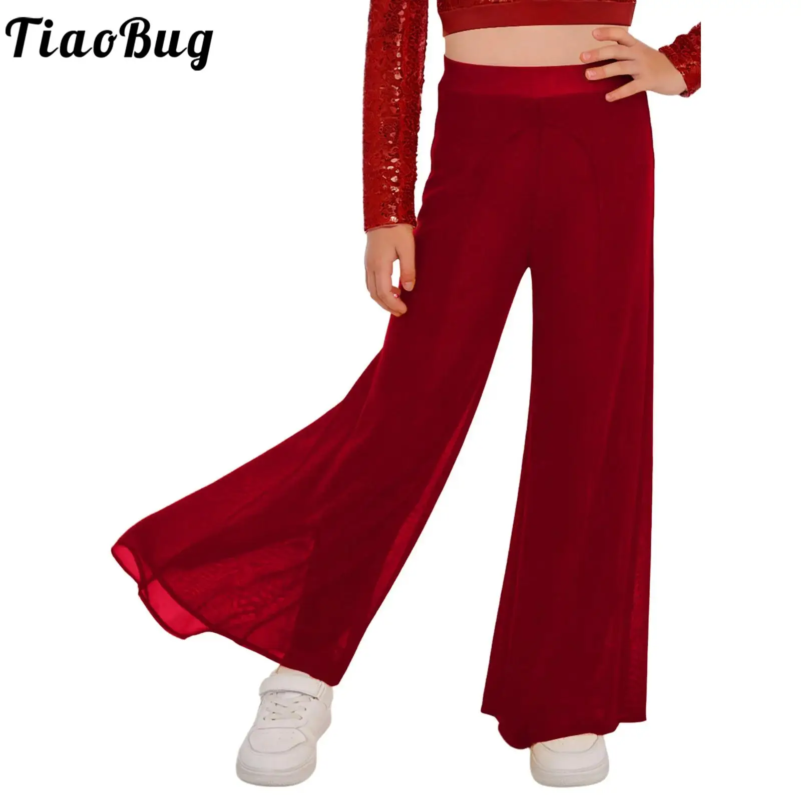 

Kids Girls Lyrical Modern Dance Costume Belly Ballroom Dance Pants Wide-Leg Mesh Pants with Built-in Briefs Performance Costumes