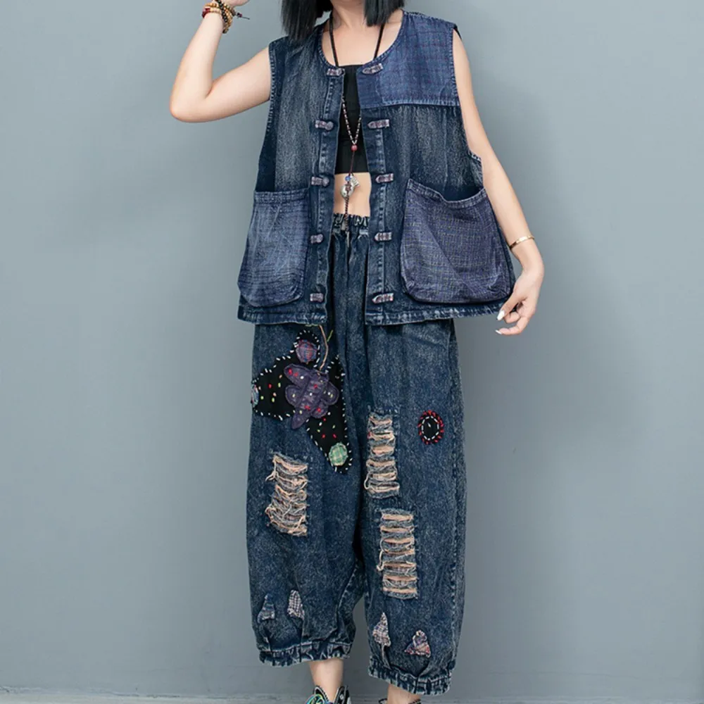 

Patchwork Denim Buckle Large Pocket Vest + Hand Embroidered Pants Two-piece Set Women Outfit 2024 Summer Fashion LX1317