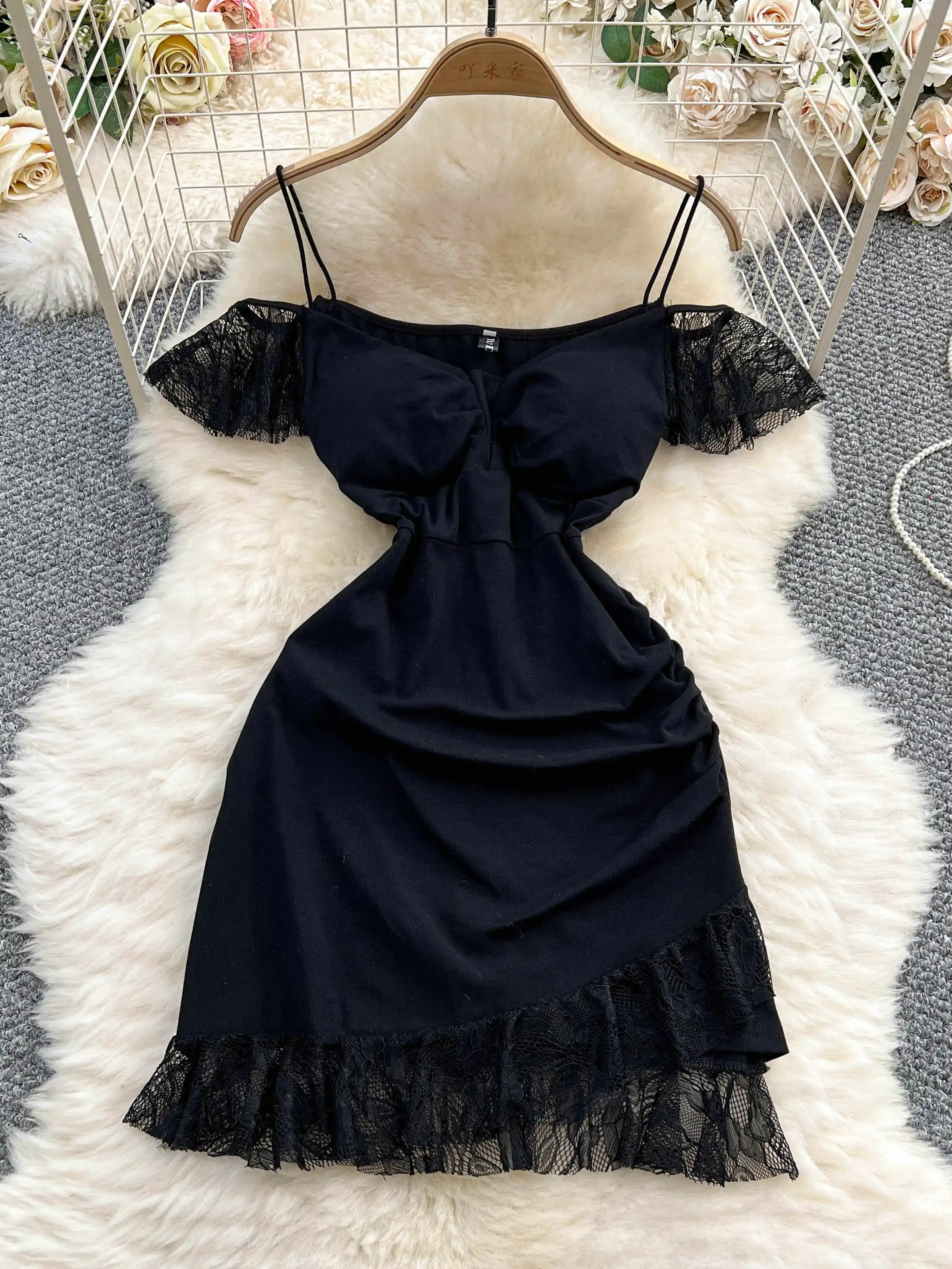 

Women Black Gothic A-line Luxury Dress Vintage Lace Patchwork Evening Mini Dress Y2k One Piece Frocks 2000s Clothes Summer 2025