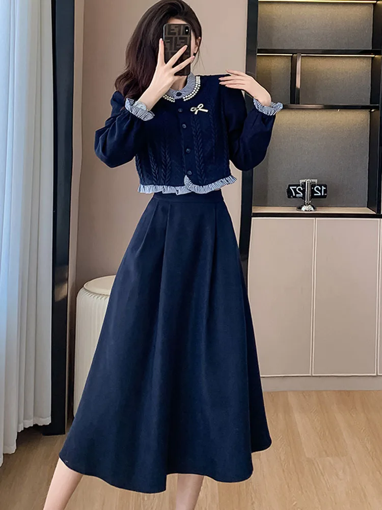 2023 Autumn Fashion Two Pieces Set Korean Women Vintage Ruffles Knitted splicing Shirt Top + A-Line Midi Skirts Elegant Outfits