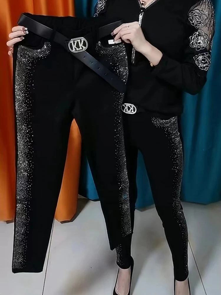 

Autumn Spring Women Jeans 2025 New High Waist Slim Cotton Elastic Denim Pants Shiny Hot Drilling Pencil Pants