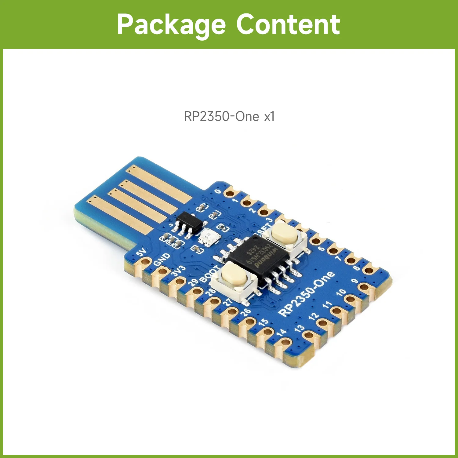 Waveshare RP2350-One, Onboard PCB Type-A Plug, 4MB Flash MCU Board, a Pico-like MCU board based on Raspberry Pi RP2350A