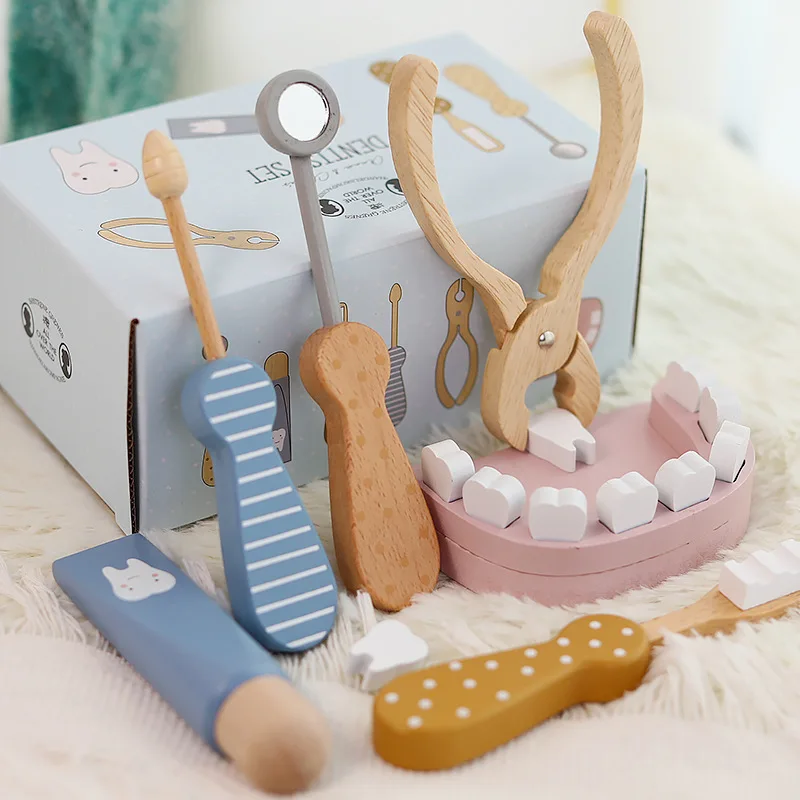 Ensemble de jeu dentaire en bois pour enfants : Jeu de docteur et d'infirmière pour apprendre à brosser les dents et jouer à la maison