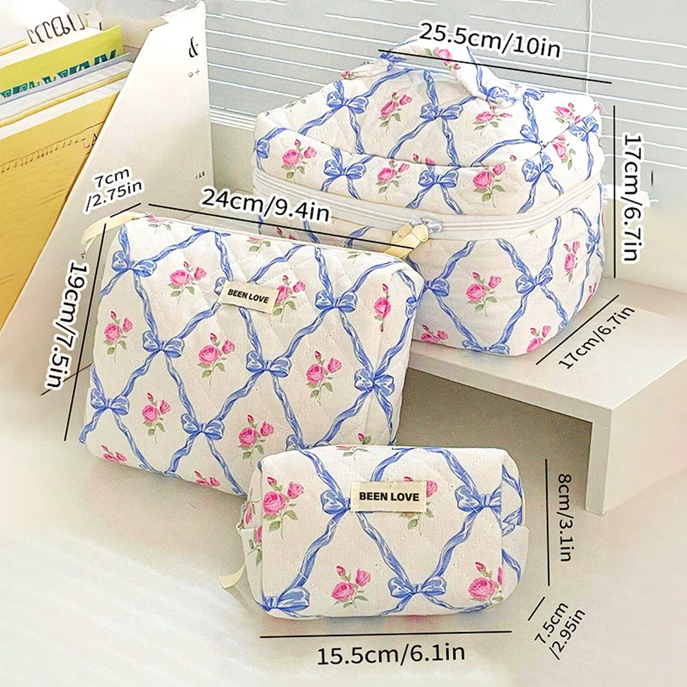 

New 3-piece Set Quilted Flower Cosmetic Bag Cute Bow Makeup Bag Women Zipper Toiletry Pouch Travel Organizer Cosmetic Bag
