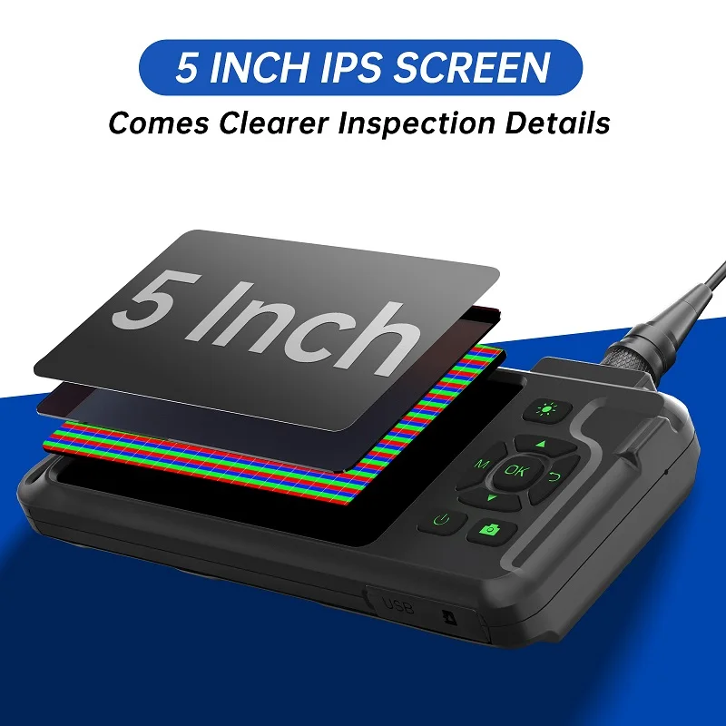 5Inch HD IPS Handheld Industrial Endoscope Triple Lens IP68 Borescope 1920P Auto Focus For Car Repair Plumbing Inspection Tools
