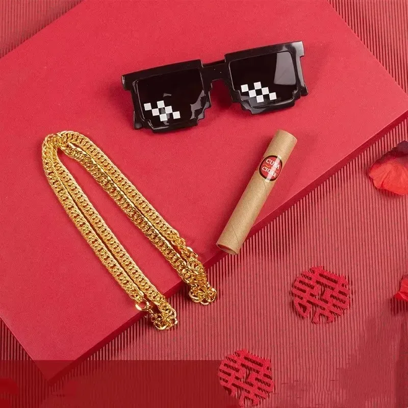 Fun Mosaic Glasses Anti True Cigar Stainless Steel Vintage Gold Chain Trick Set Christmas Costume Party Decompression Toys