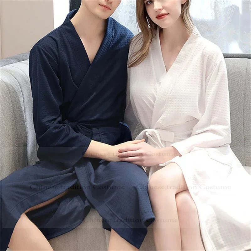 Lady Waffle Thin Shower Robes Sleepwear Blue Kimono Robe Gown Intimate Lingerie Couple Men Home Dressing Gown Sexy Bathrobe