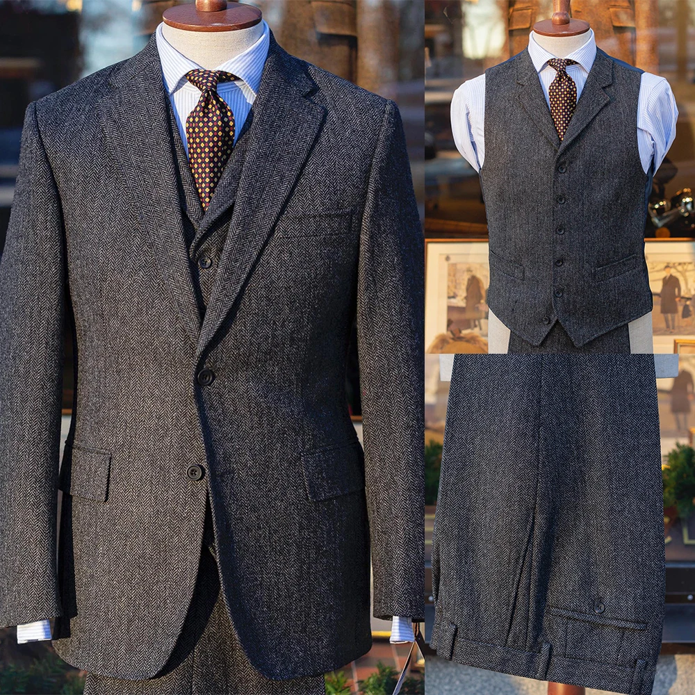 Simple Men Business Suits Notched Lapel Two Button Herringbone Slim Fit Formal Party Wear 3 Piece Office Daily Set Custom Made