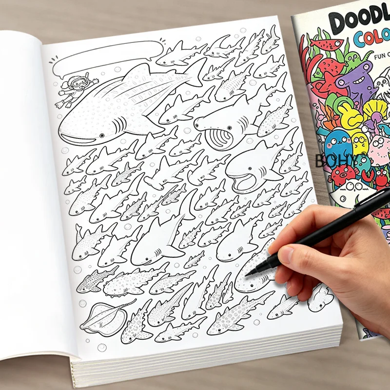 1 Ocean Themed Adult Decompression Coloring Book, Featuring A Variety of Fish Schools, Dense Marine Creatures and Other Themes