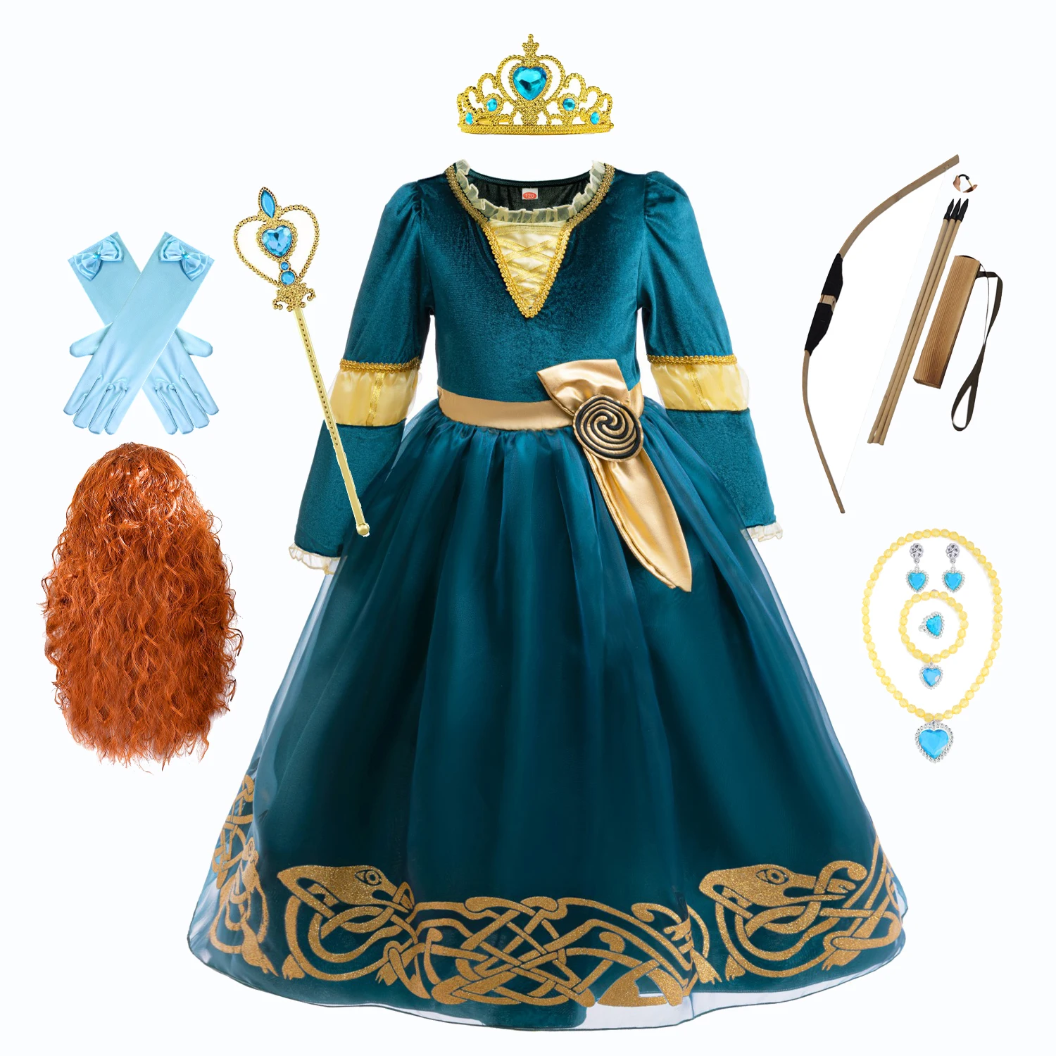Girls Merida Cosplay Princess Dress Children Performance Clothes Kids Autumn Dress Halloween Carnival Party Long Sleeves Outfits