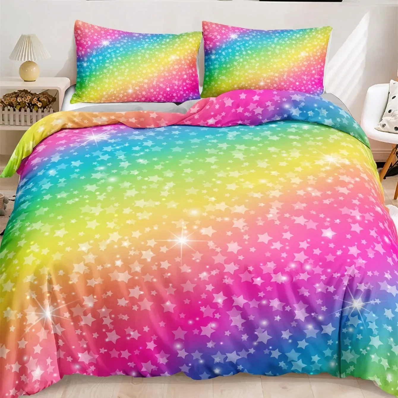 Rainbow Duvet Cover Set for Girls Rainbow Star Bedding Set Girly Glitter Double Queen King Size Soft and Comfortable Quilt Cover