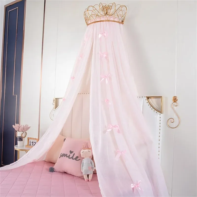 Karen Princess Bed Canopy Chiffon Girls Bed Curtain Decorative Drapery Metal Crown for Girls Cute Pink Bow-Knots Kids Bedding