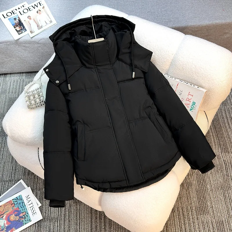 White Short Hooded Women's Puffer Jacket Winter Thick Stand Collar Cotton Padded Coat Loose Long Sleeve Warm Casual Outerwear