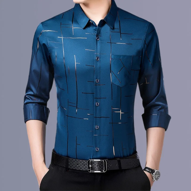 Men's Loose Fit Non-Ironing Lapel Dad Shirt All-Match Elastic Casual  Shirt Standard Fit Long Sleeve 3D Effect
