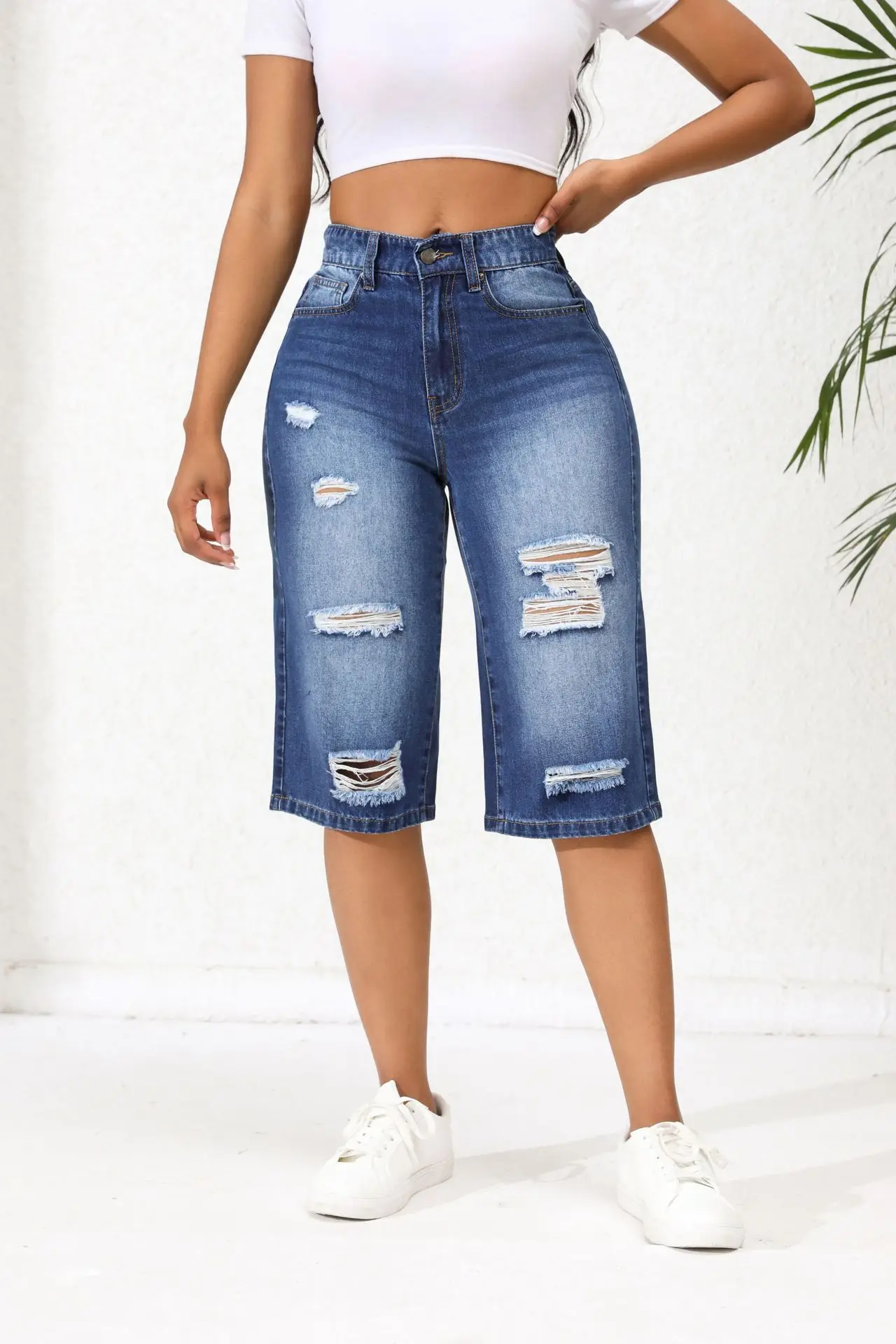 2024 Summer New High Stretch Calf-Length Jeans For Women Fashion Ripped Slim Fit Butt Lift Denim Straight Legs Casual Clothing