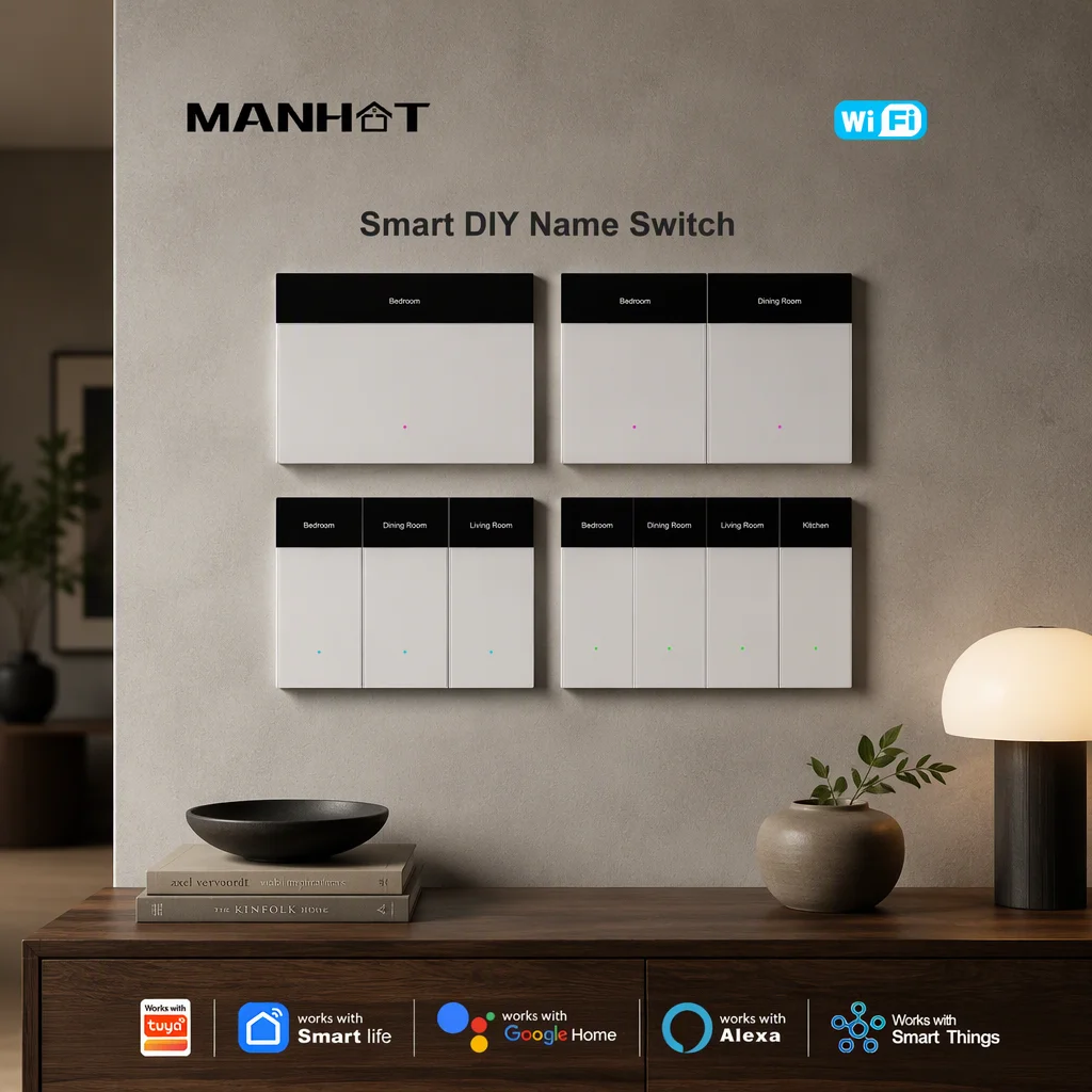 MANHOT Smart DIY Name Wifi Switch Horizontal US Display Screen Panel Push Button 1-4Gang Push Button Switch Work With Smart Life