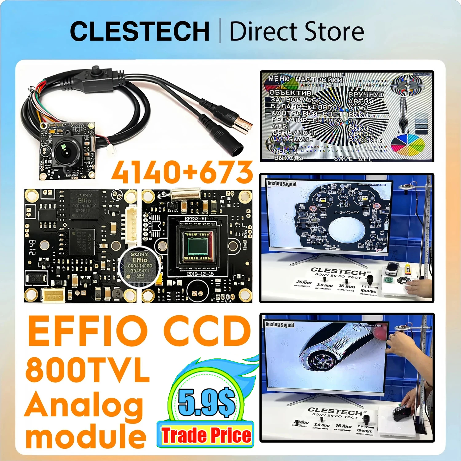 

4140+673 100%New SONY EFFIO CCD CLESTECH 800TVL Chip Module Analog CCTV CAMERA Microscope DIY Osd Menu Cable Full Set TV Monitor