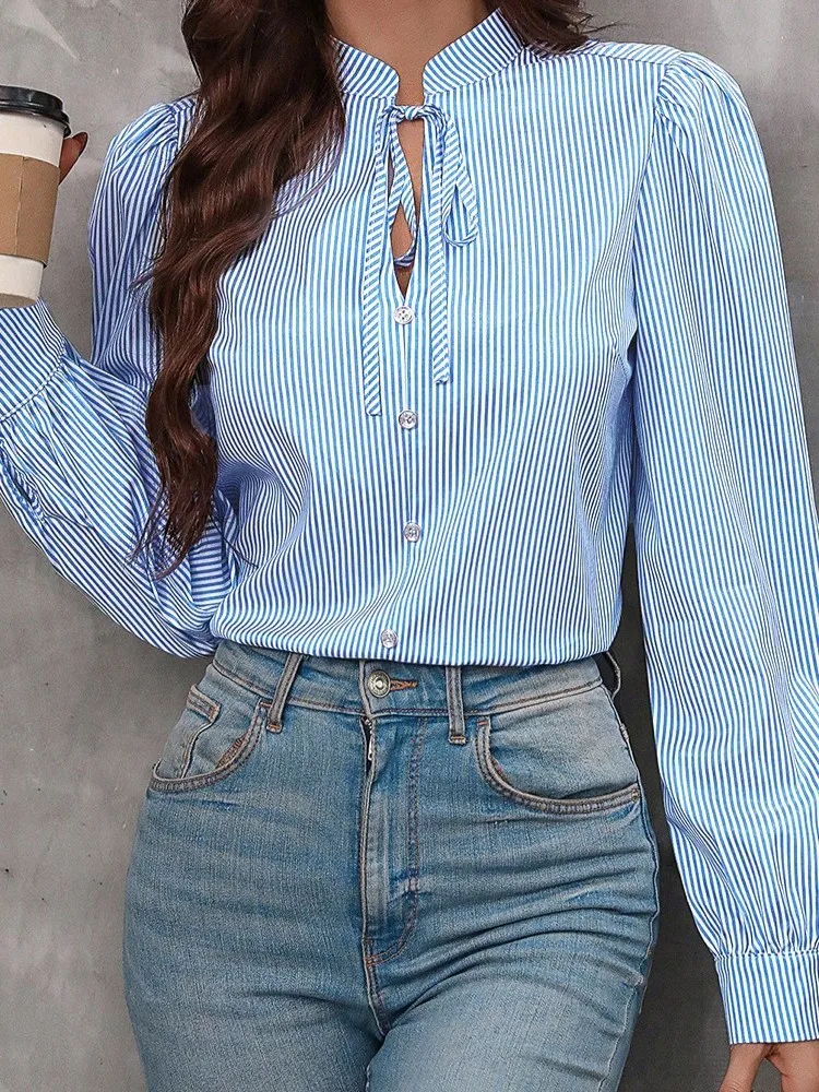 

Women's Casual Striped Print Shirt Fashion V-Neck Tie Button Down Long Sleeve Tops Autumn Solid Color Office Lady Work Clothes