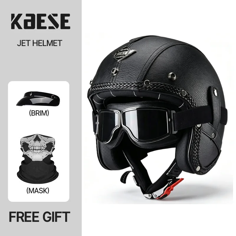 Hand-finished Knit PU Jet Helmet 3/4 Open Face Moto Helmet With Windproof Goggles Skeleton Face Mask Brim Adult Unisex Cruiser