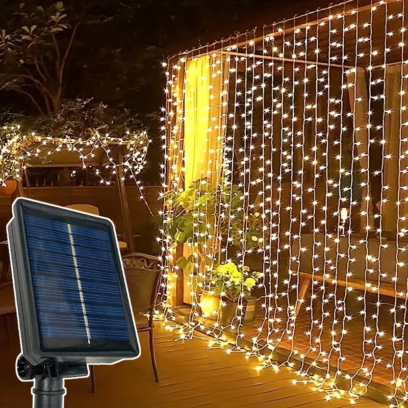 

8 Mode Outdoor Solar LED Curtain Light String Garden Yard Pavilion Christmas Fairy Garland Lamp Holiday Wedding Party Decoration
