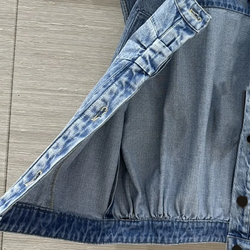 معطف جينز عالي الجودة بتصميم عالي الجودة من القطن بالكامل سترة نسائية محبوكة بفيونكة بدون أكمام ملابس خارجية 25110755