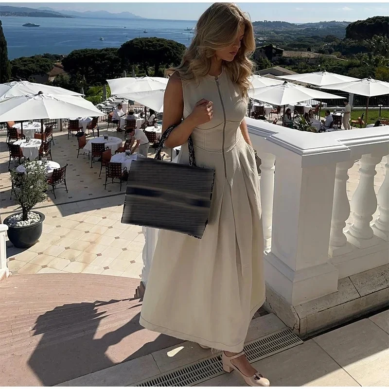 Summer Elegant Solid Sleeveless Women Maxi Dress Fashion V-neck Zipper Slim 2024 Office Lady Commuting Robe