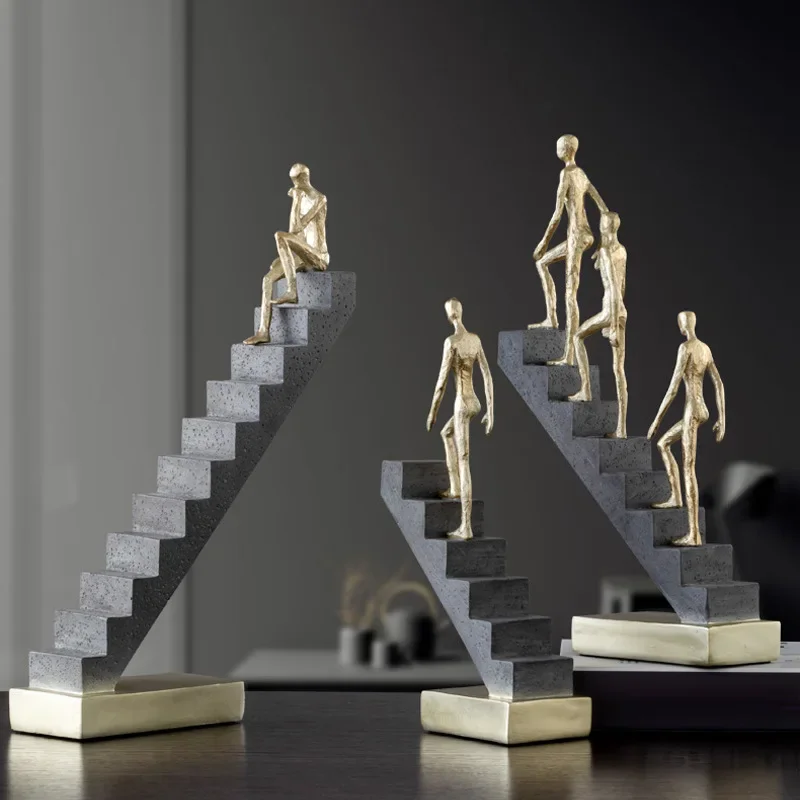 Creative Resin Handicraft Figure Sculpture Staircase Ladder Golden Man Abstract Decorative Figurines Room Decoration Accessories