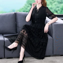 Silk Plus Size Dress 2024Summer New Temperament Heavy Embroidery Mulberry Silk Dress High Quality Elegant Lace Dress