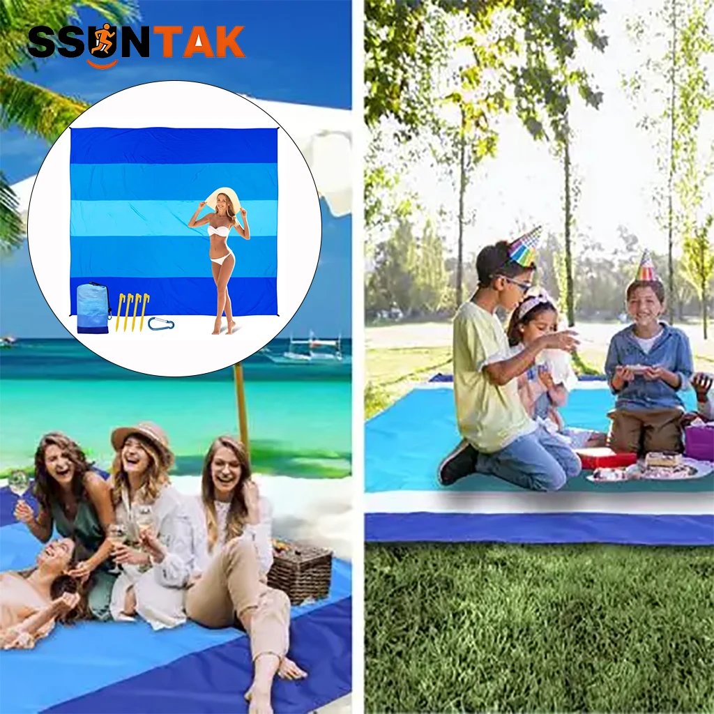 SSUNTAK Large Sand Free Beach Mat Color Block Ripstop Oxford Beach Blanket with Stake Foldable Sand Proof Ground Pad for Seaside
