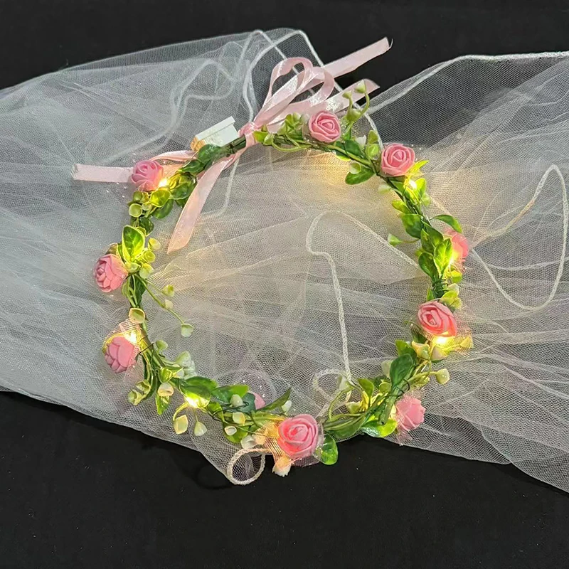 Women Girl Forest Style Luminous Wreath Rural Wedding Plant Flower Wreath Headwear LED Light Wreath Garland Decoration Hairband