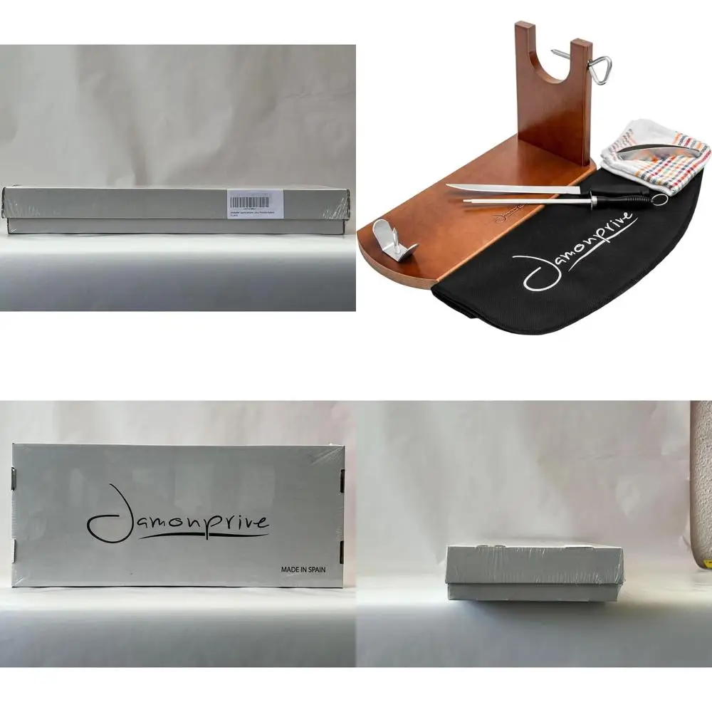 

Elegant Ham Stand with Knife, Steel, Cover, Cloth, Tongs for Serrano, Iberico, and Prosciutto