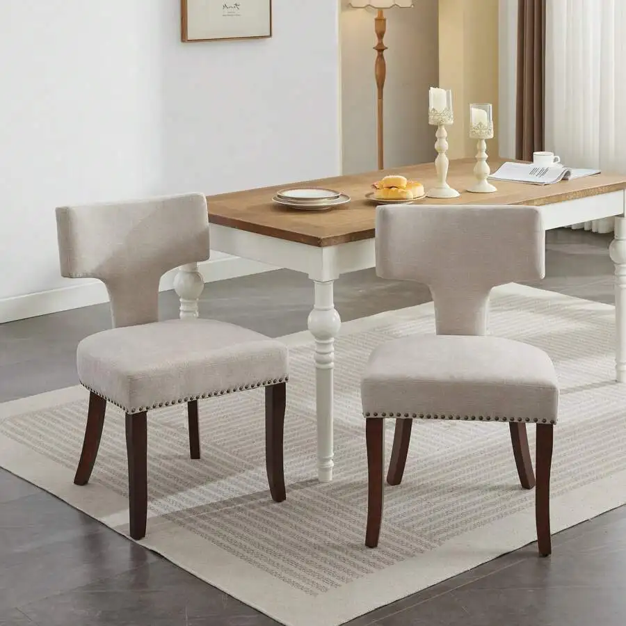 Mid Century Modern Dining Chairs Set Of 2, Farmhouse Linen Fabric Upholstered Accent Chair Curved Backrest With Copper Nails Around,Kitchen Chairs With Hardwood Frame