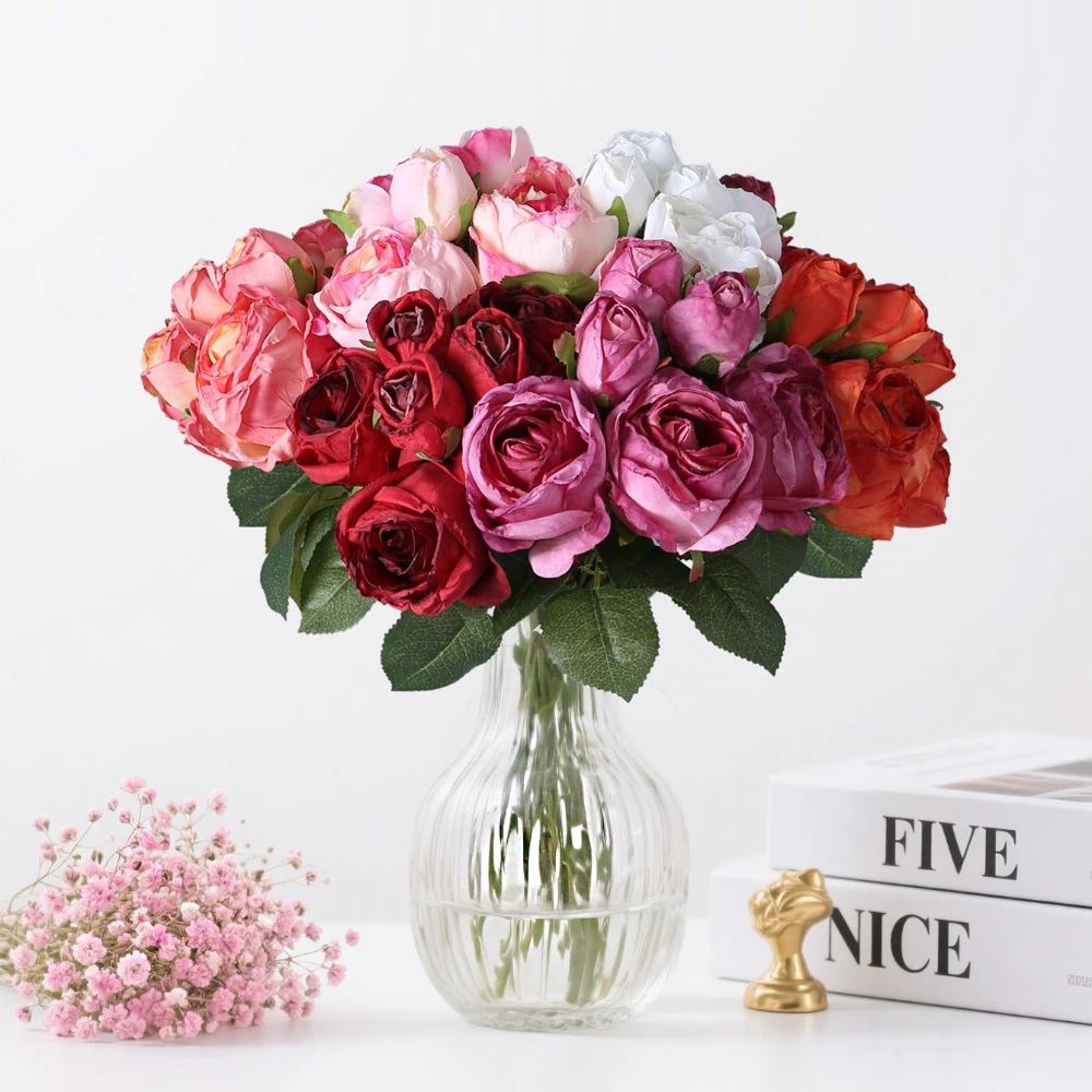

1 Bouquet of 6 Heads Artificial Flowers, Fake Peonies, Silk Flowers, Burnt Edge Roses,For Wedding Home Party Decorations