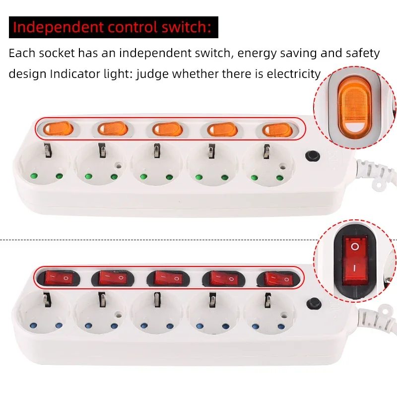 Extension Cord 1.5/2.5M Power Strip10/16A 250V Overload Protection Individually Switched EU plug 2/3/4/5/6 Extension Socket USB