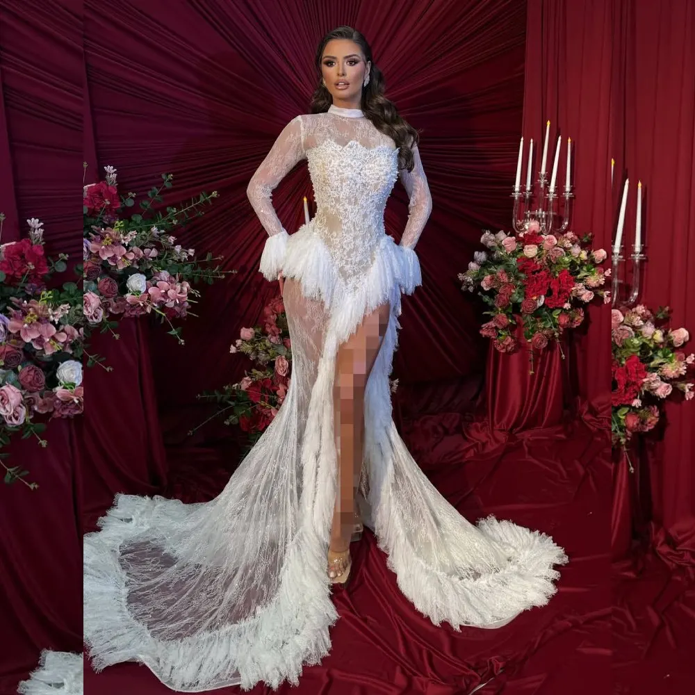 

Elegant White Lace Bridal Evening Gown High Neck, Long Sleeve, Fish‑Tail Dress with Feathered Ruffle, Open Back, High Slit Train