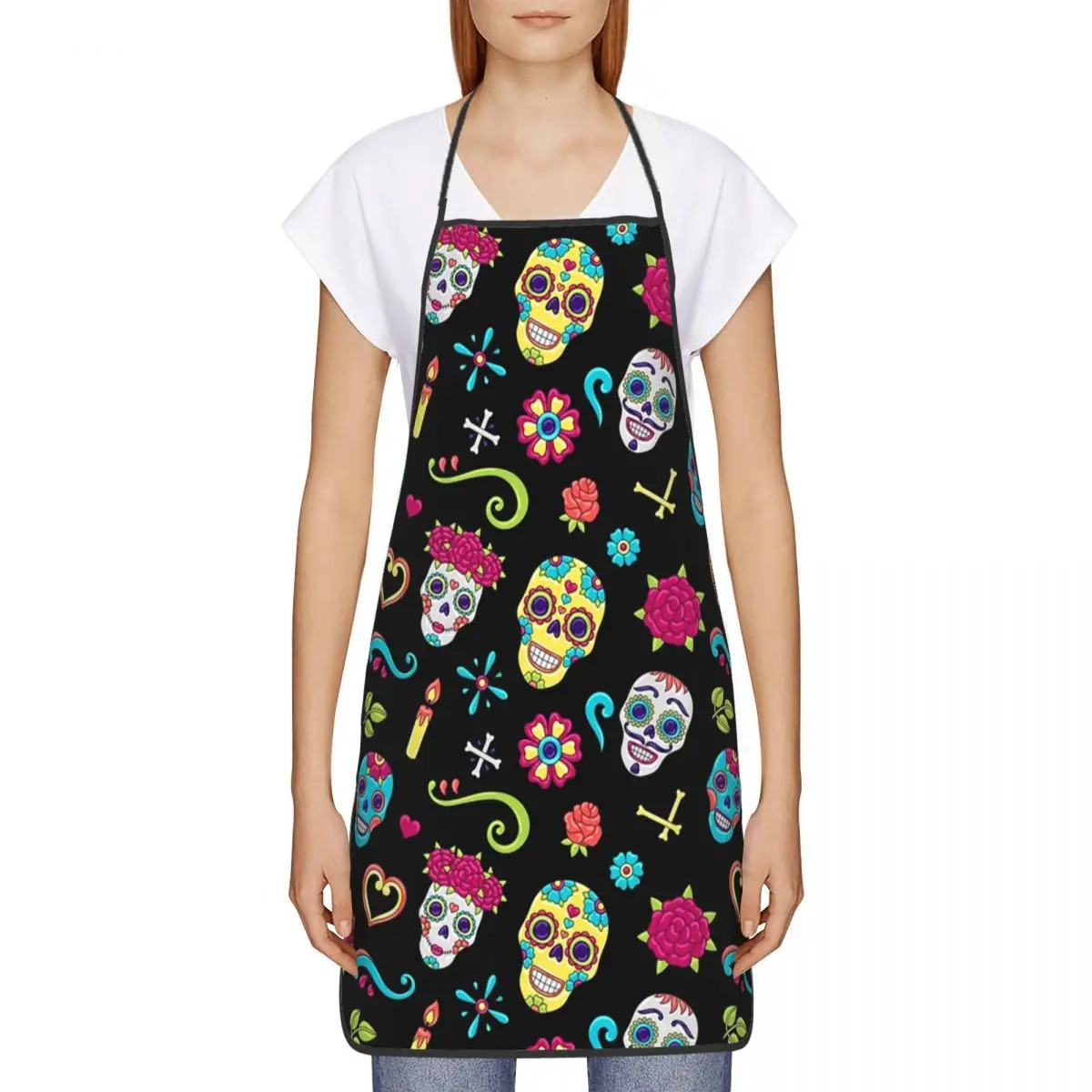 Unisex Day Of The Dead Sugar Skull Pattern Bib Apron Adult Women Men Chef Tablier Cuisine for Kitchen Cooking Mexican Baking