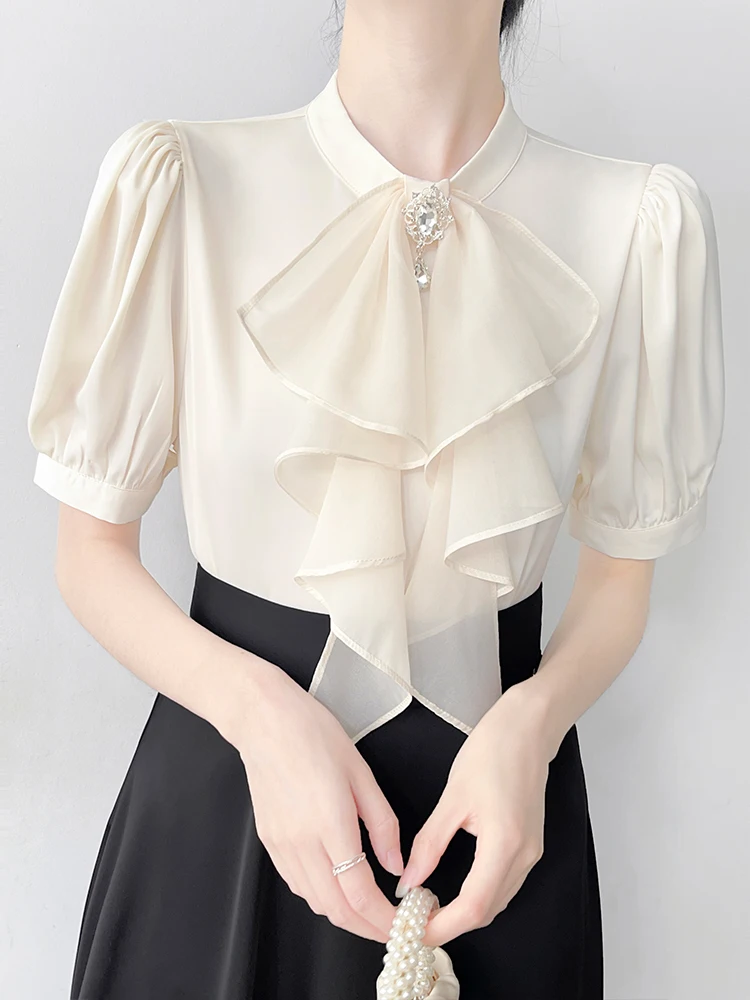 

Korean Sle ort Sve Satin irt Women's Summer New Loose Fit Anti-Wrinkle Draped Hem Ribbon Top Commute Faion