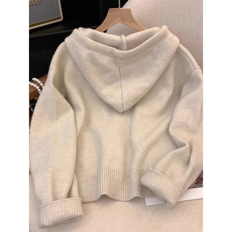 Autumn and Winter Thickened Age-Reducing Western Sle Outdoor Sweater Women Elegant Loose Lazy Zip-up Long sleeve Hood Knit Top