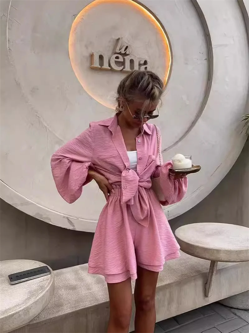 Women Casual Ruffled Cotton Linen Loose Shirt Shorts Suits Fashion Lapel Long Sleeves Elastic Waisted Shorts Summer Lady Outfits